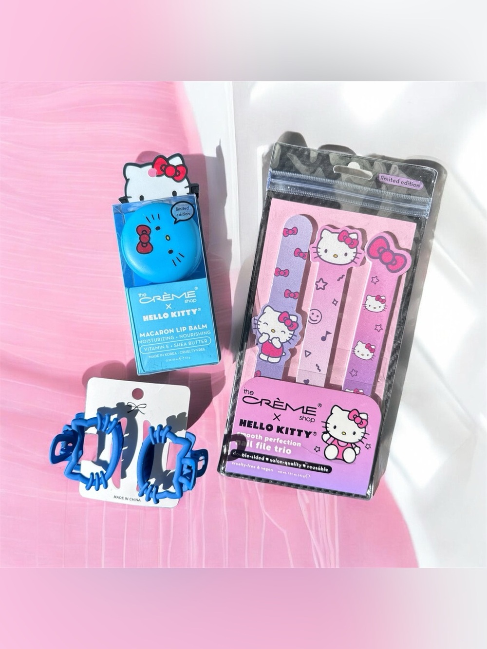 The Crème Shop x Hello Kitty Pink Nail File Trio & Macaron Lip Balm